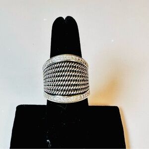 Sterling Silver Wide Braided Cable Ring with Black Oxidized Detail